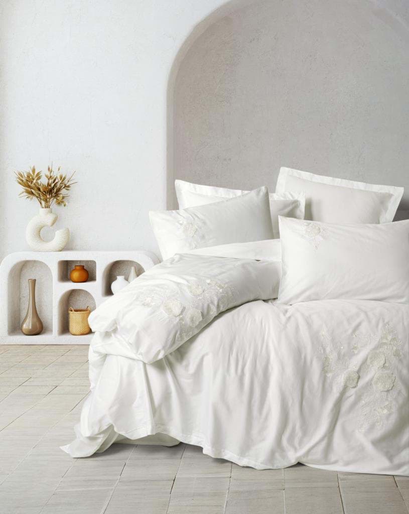 Picture of Cotton Box 3D Embroidered Double Satin Duvet Cover Set Gembira Beyaz
