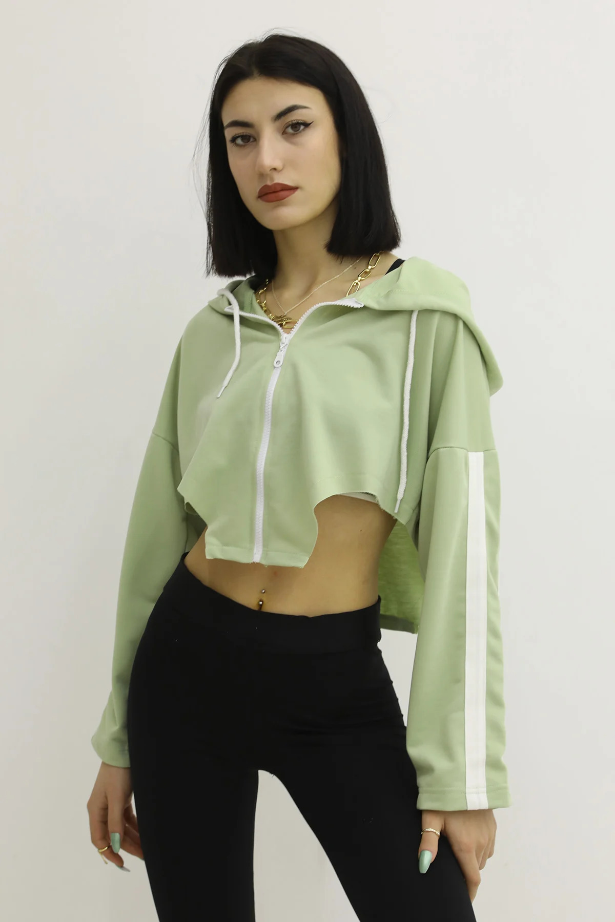 Kapşonlu Yan Dekolteli Sweat Yeşil - P-019669 resmi