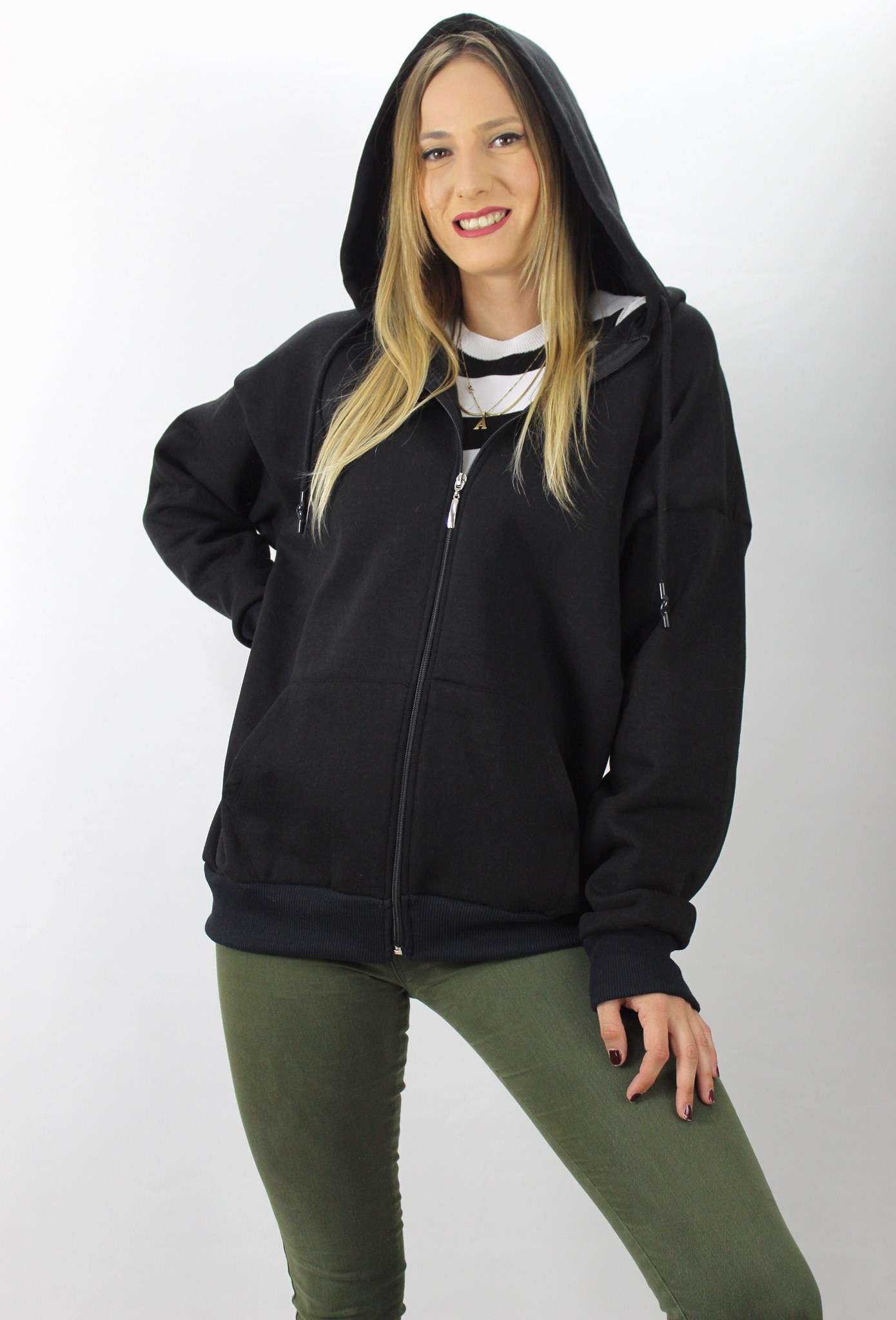 Fermuarlı Üç İplik Kapşonlu Sweat Siyah - 2810.2022 resmi