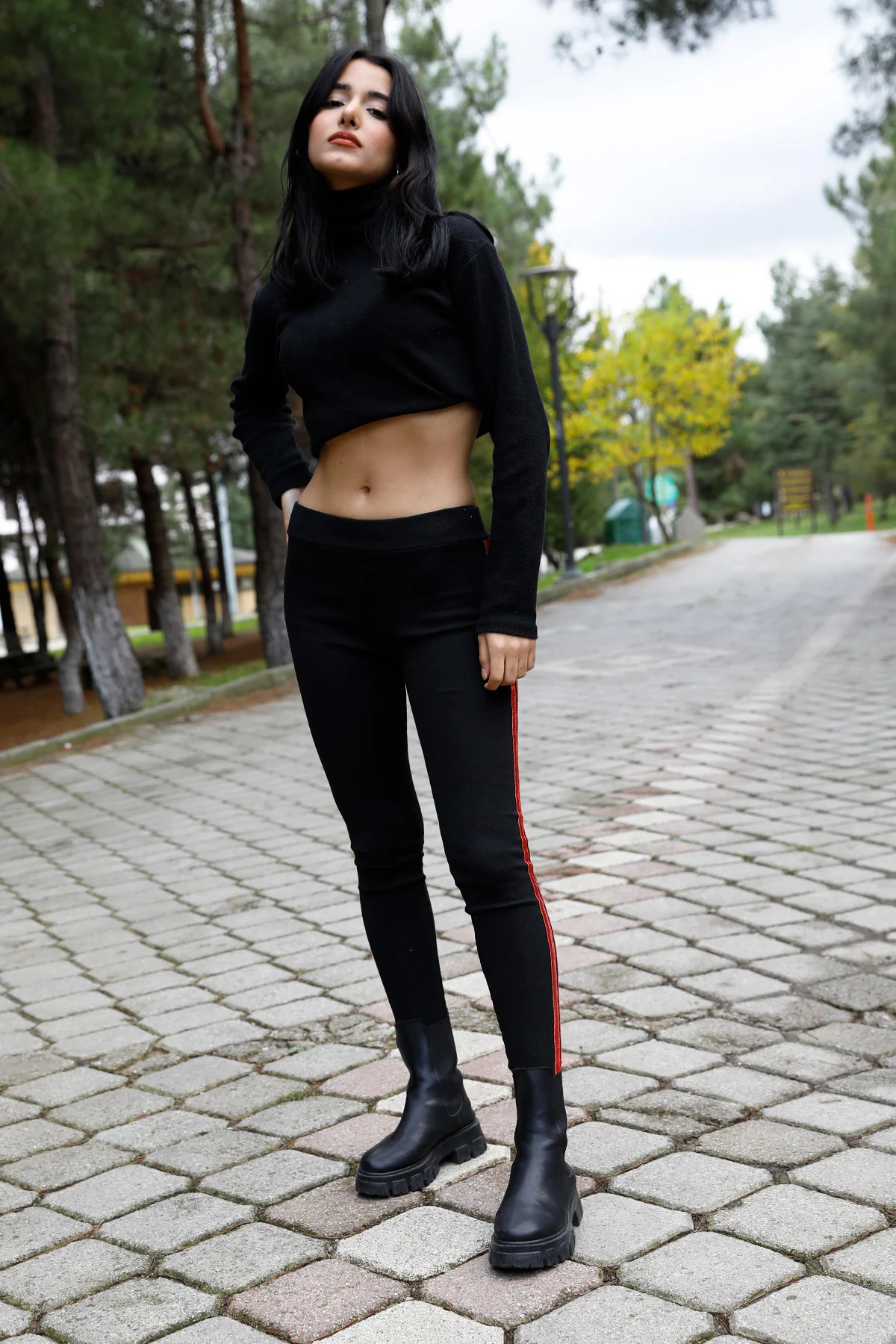 Yan Çift Şeritli Ribana Tayt Siyah - P-020258 resmi