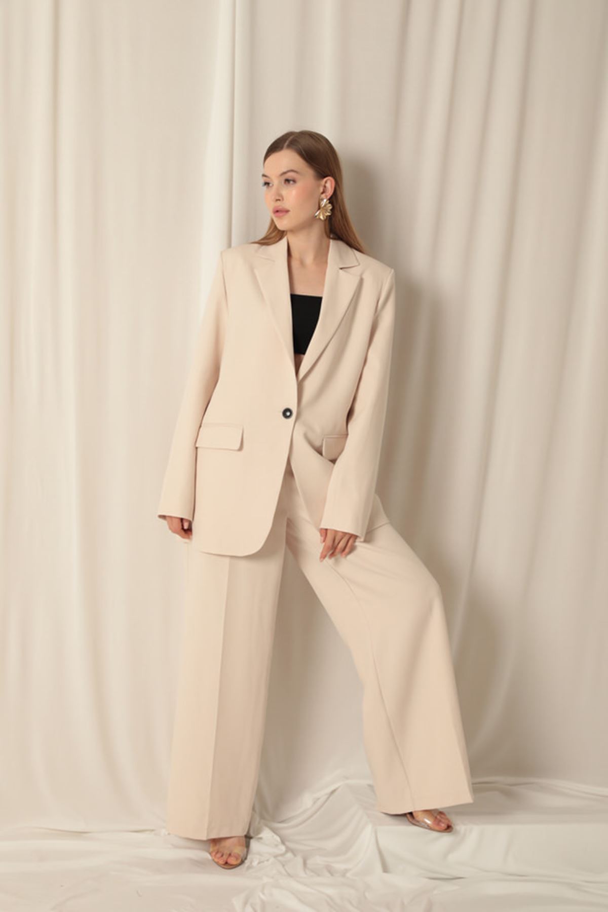 Atlas Kumaş Palazzo Kadın Bej Pantolon resmi