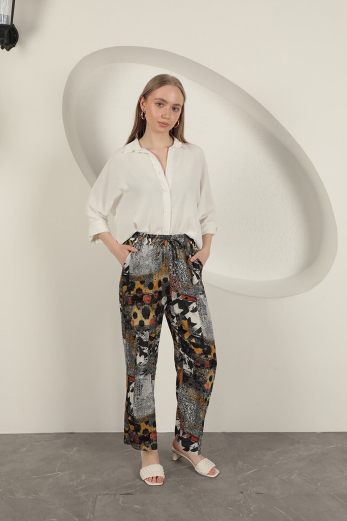 Viskon Kumaş Geniş Kadın Pantolon-Siyah resmi