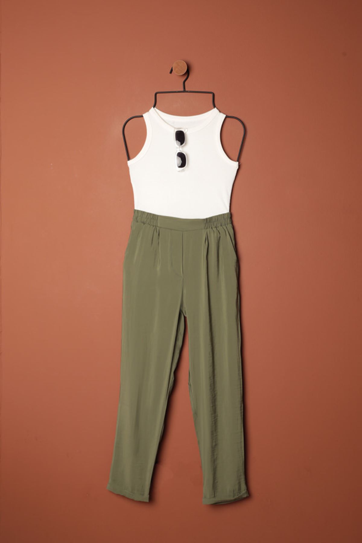 Modal Kumaş Duble Paça Kadın Pantolon-Haki resmi