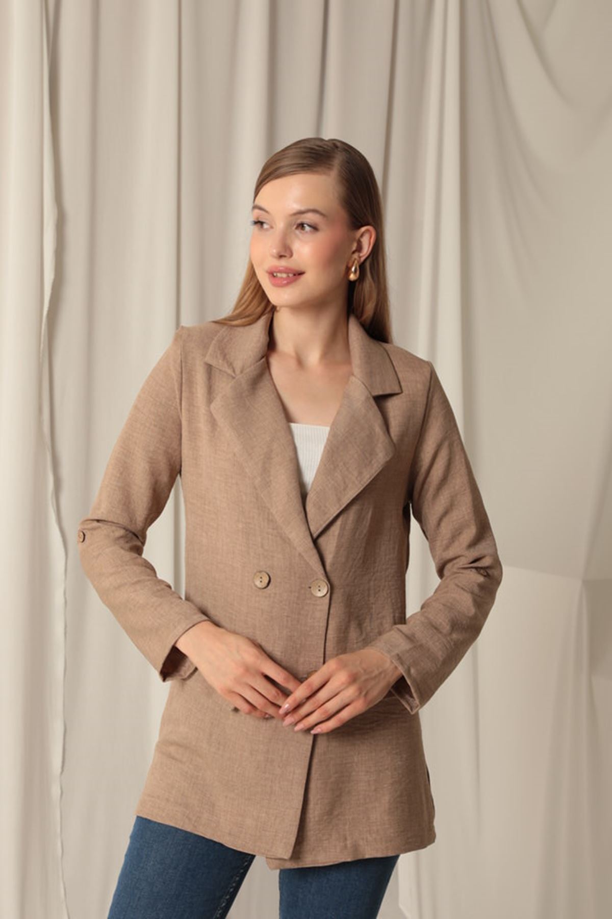 Melanj Keten Kumaş Kadın Taba Ceket resmi