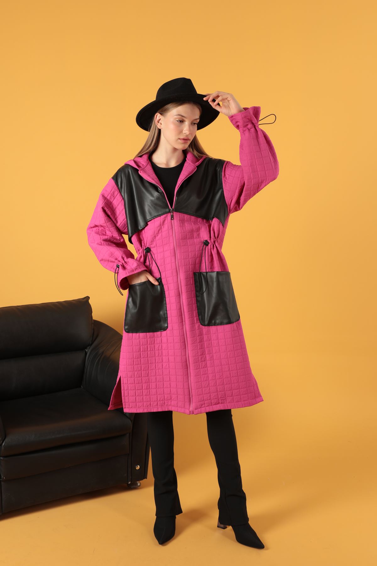 Deri Kumaş Garni Detay Jakar Kadın Trençkot-Fuşya resmi