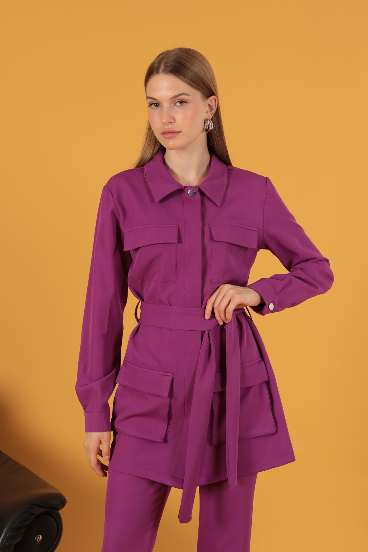 Atlas Kumaş Cep Espirili Kadın Ceket-Mürdüm resmi