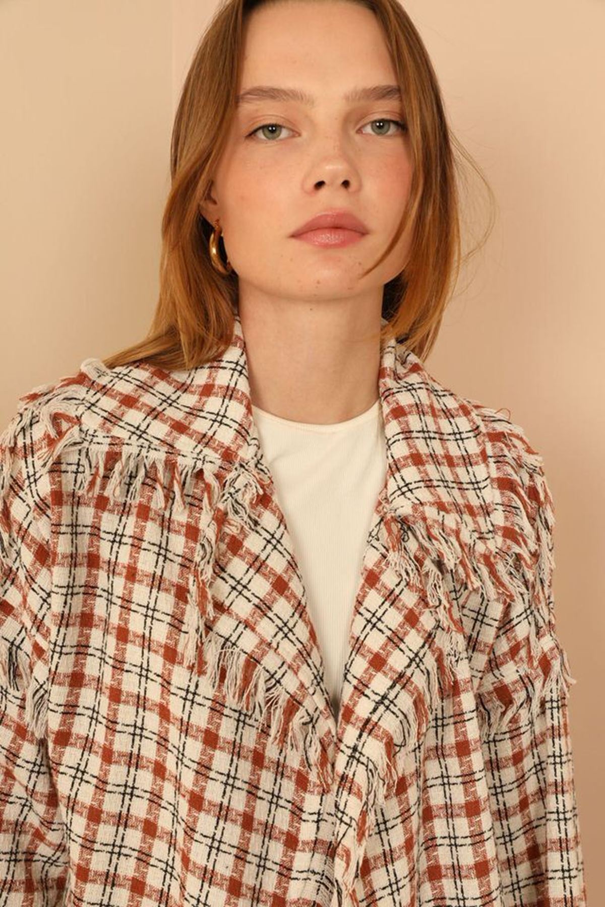 Tüvit Kumaş Uzun Kol Basen Boy Bol Kalıp Kadın Ceket-Taba resmi