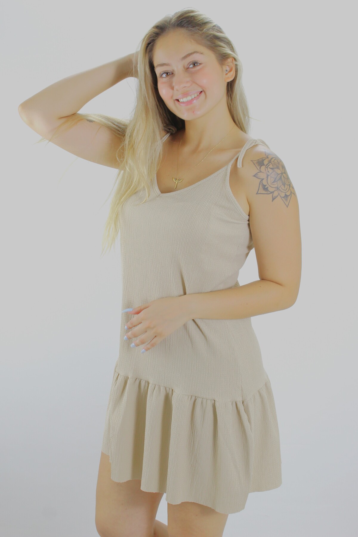 Krinkıl İp Askılı Elbise Vizon - 1456.65 resmi