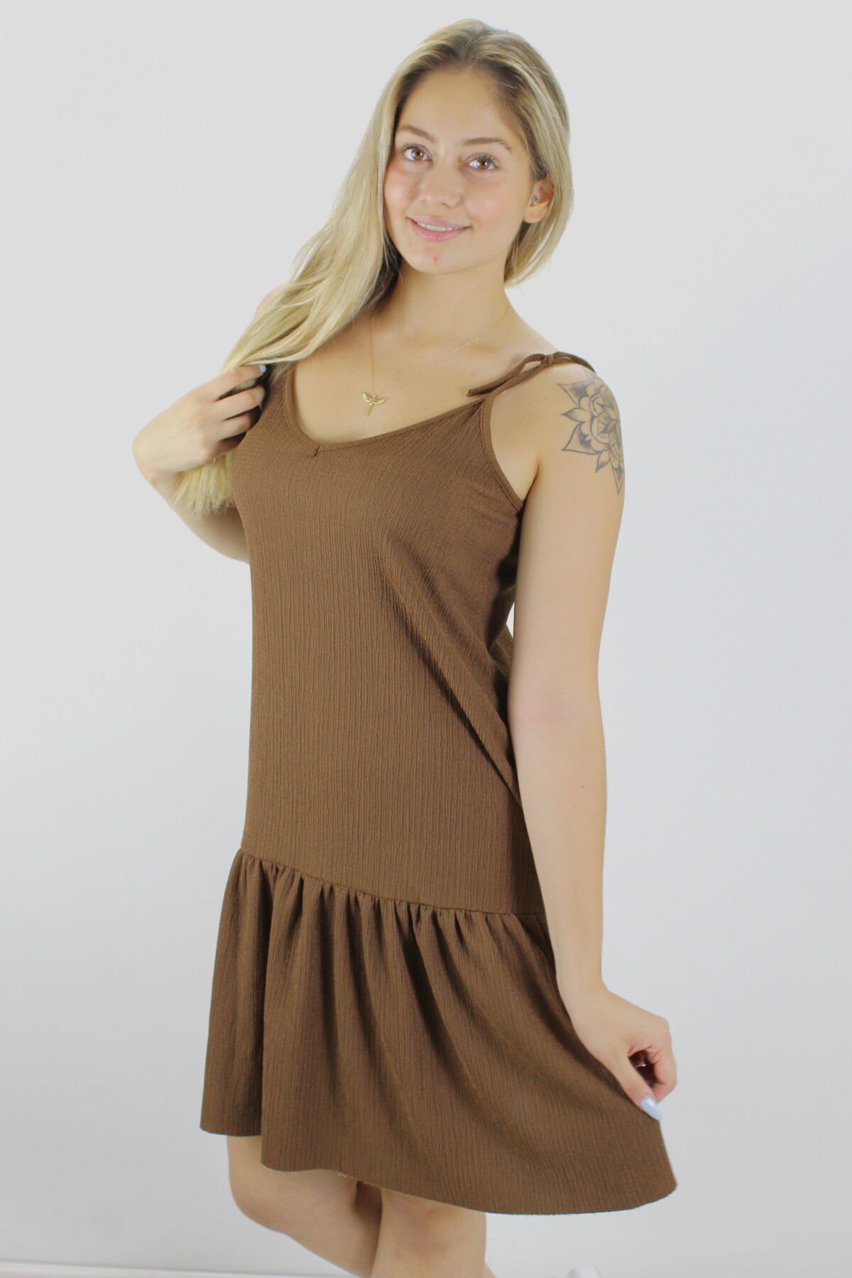 Krinkıl İp Askılı Elbise Kahve - 1456.65 resmi