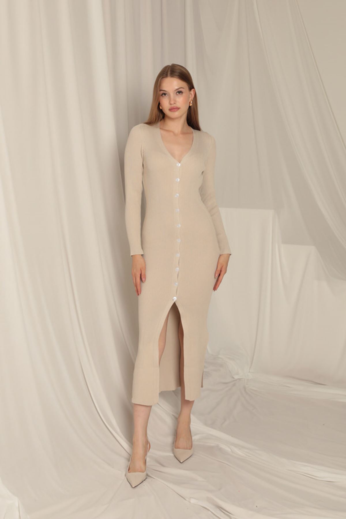 Triko Kumaş Düğmeli Kadın Taş Elbise resmi