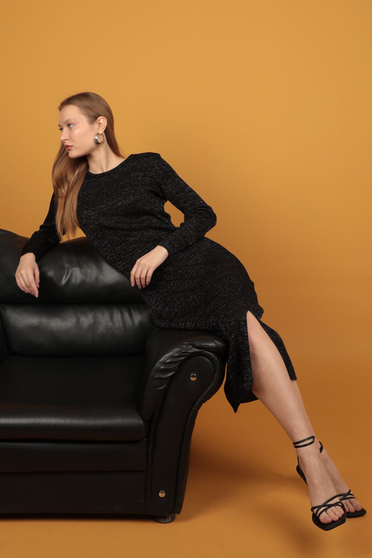 Simli Triko Kadın Elbise-Siyah resmi