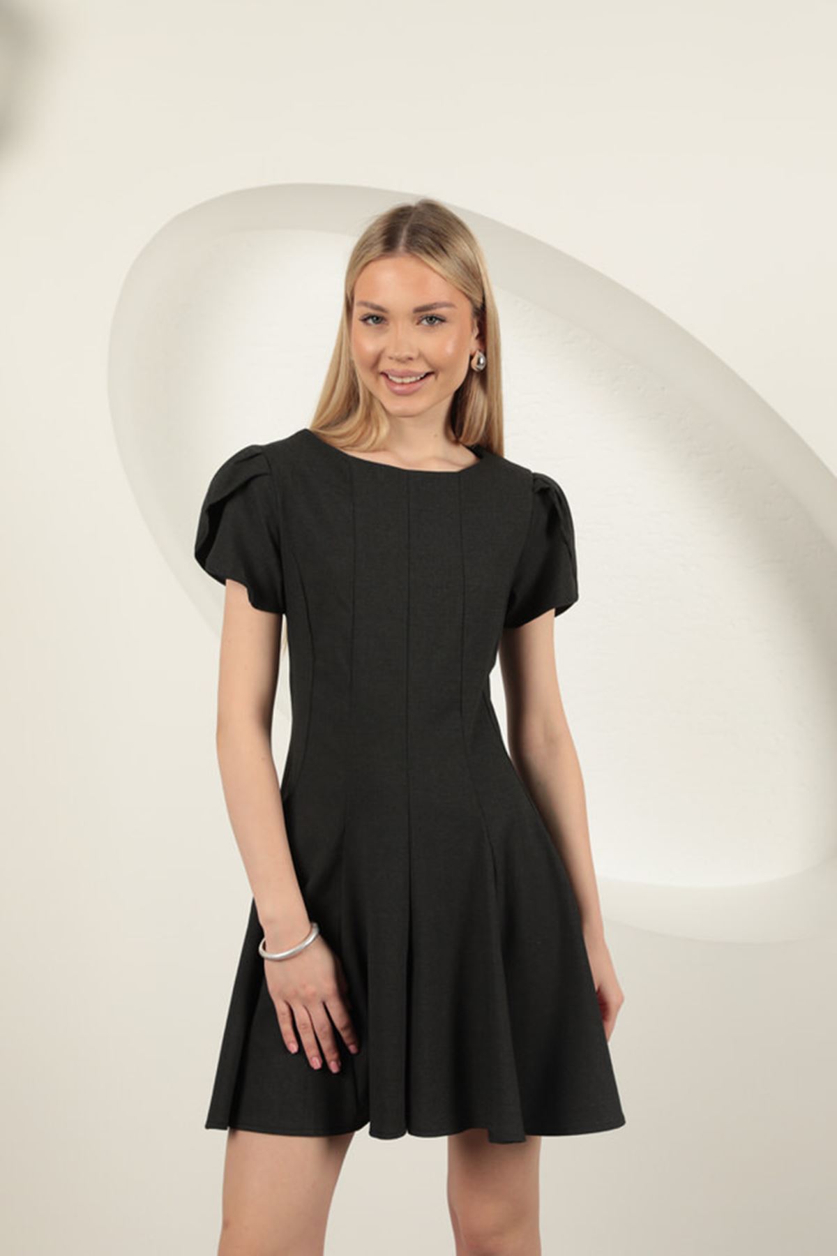 Poliviskon Kumaş Mini Elbise-Antrasit resmi