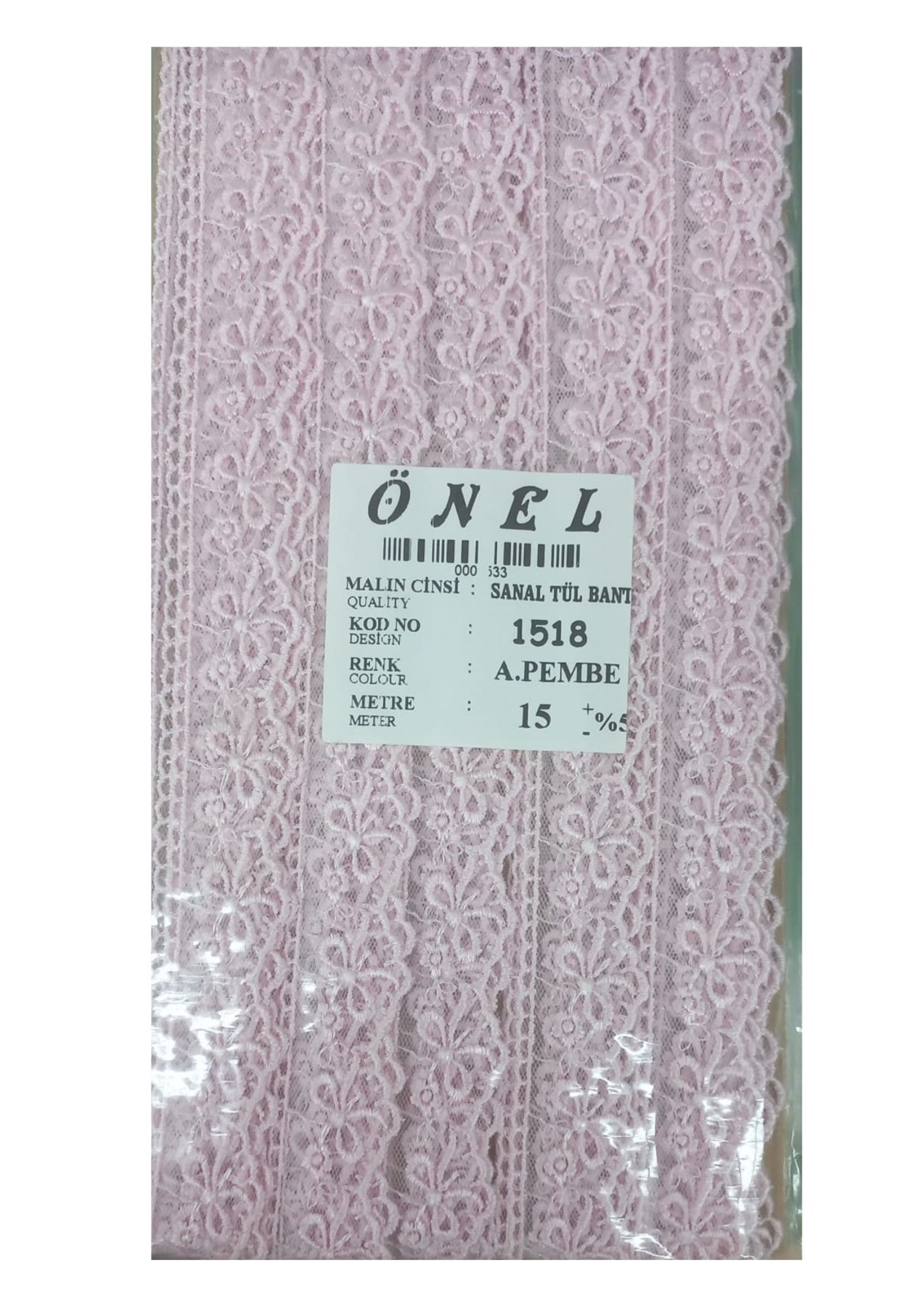 Dantel Polyester Sanal Tül Bant Açık Pembe 15 Metre En 3 cm ON-1518-AP resmi