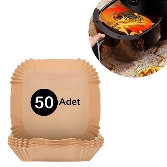 50 Adet Air Fryer Pişirme Kağıdı Tek Kullanımlık Hava Fritöz Yağ Geçirmez Yapışmaz Kare Tabak Model resmi