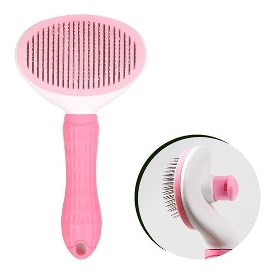 Turkish E Market® Kedi Köpek Tüy Toplayıcı Kendini Temizleyebilen Ergonomik Saplı Evcil Hayvan Tarağı Pembe resmi