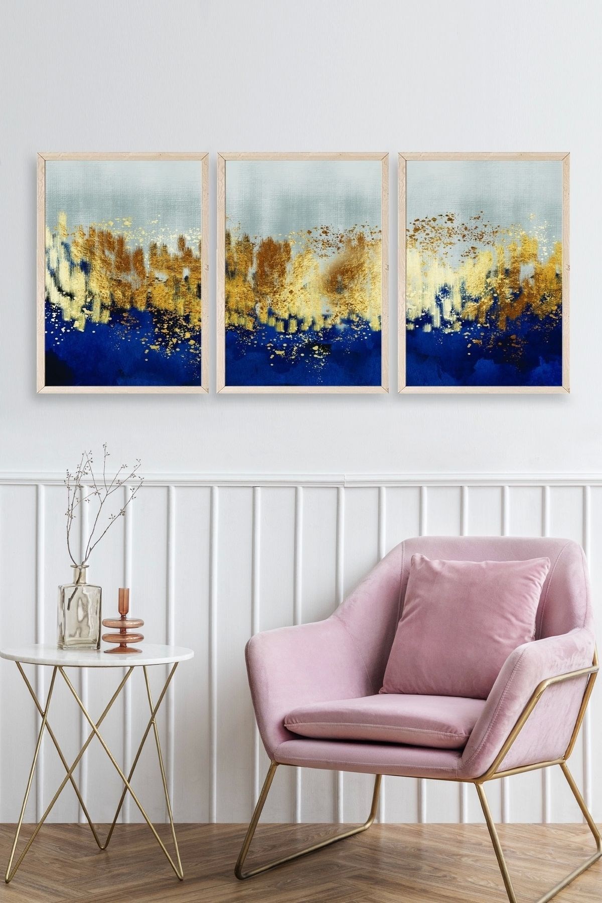 Soyut Üçlü Ahşap Çerçeveli Tablo resmi