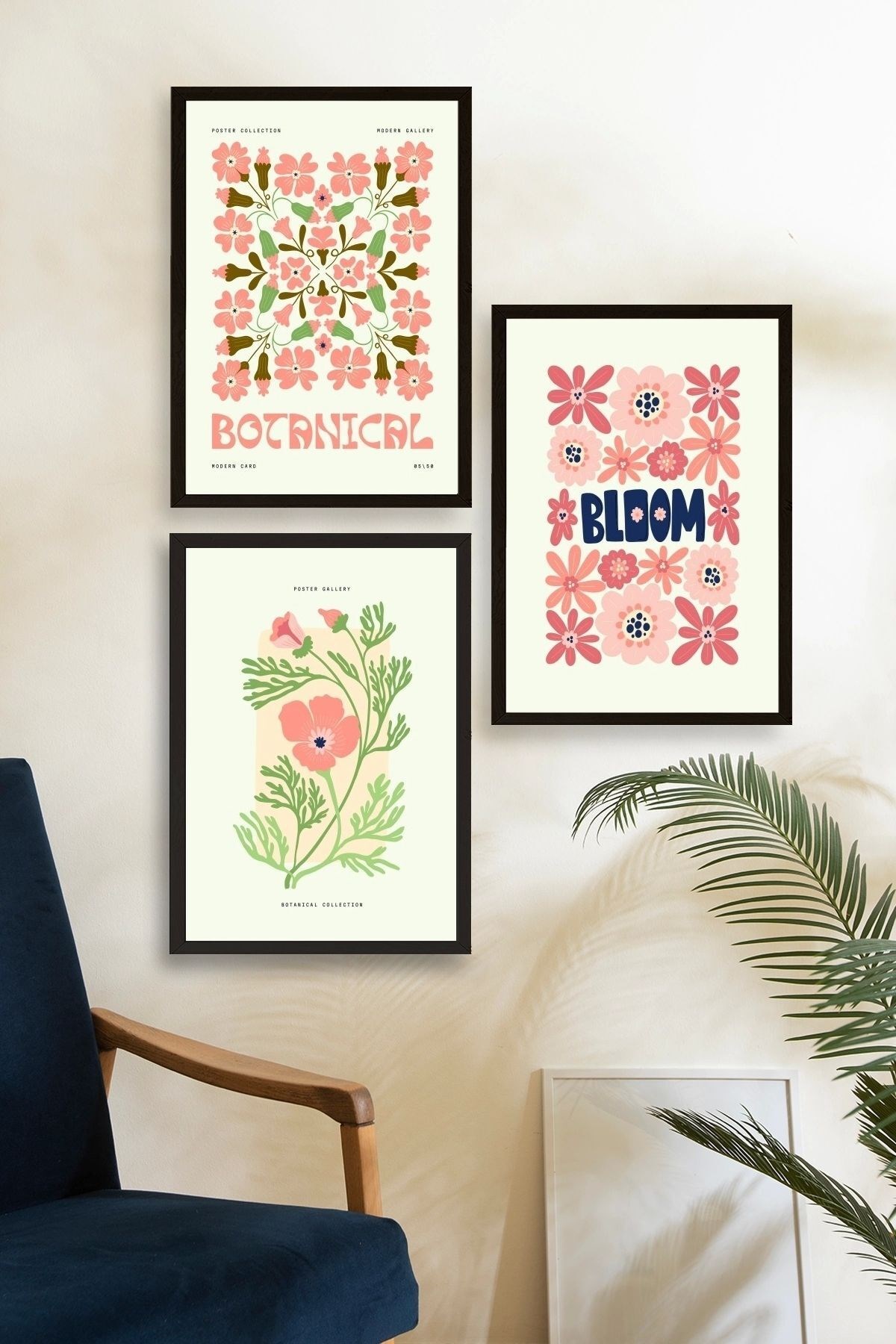 Botanik Üçlü Ahşap Çerçeveli Tablo resmi