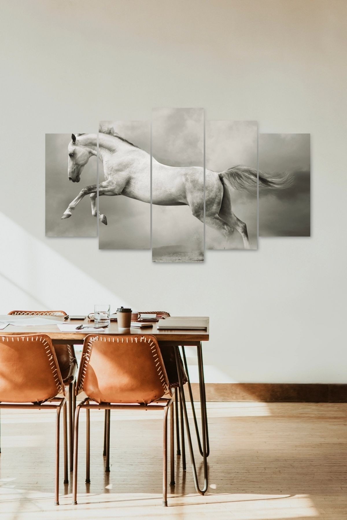 Beyaz At Manzarası 5 Parçalı Mdf Tablo resmi