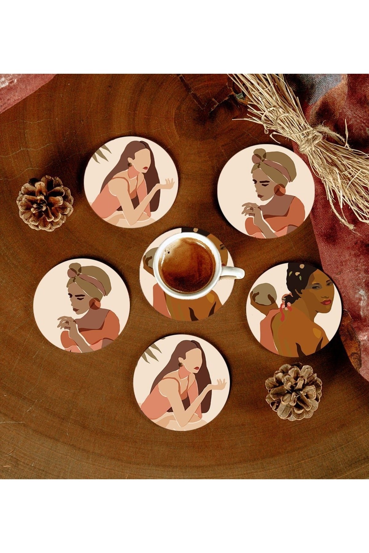 6 Adet Desenli Mdf Bardak Altlığı resmi