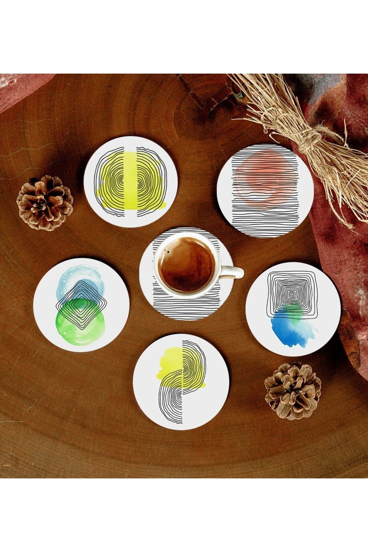 6 Adet Desenli Mdf Bardak Altlığı resmi