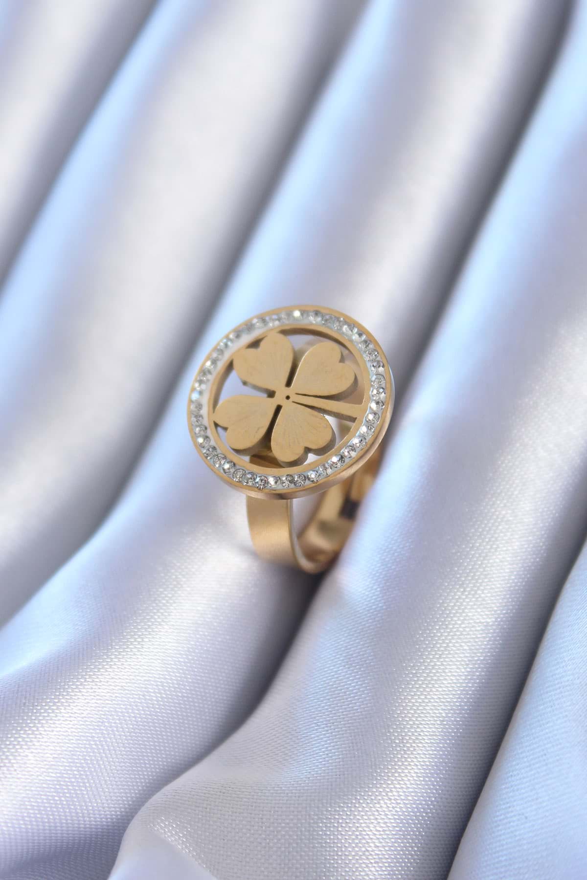 Picture of 316L Çelik Gold Renk Zirkon Taşlı Yonca Model Kadın Yüzük - TJ-BYK2757