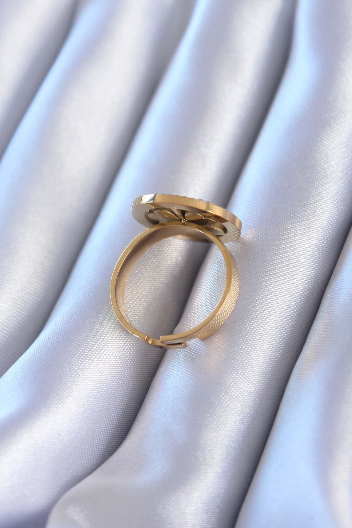 Picture of 316L Çelik Gold Renk Zirkon Taşlı Yonca Model Kadın Yüzük - TJ-BYK2757