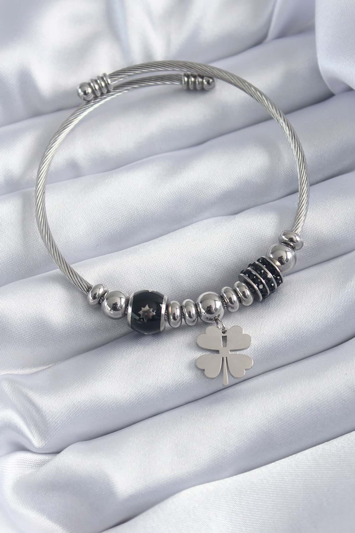 316L Çelik Gümüş Renk Charm Model Yonca Figür Zirkon Taş Detay Kadın Bileklik - TJ-BB5678 resmi