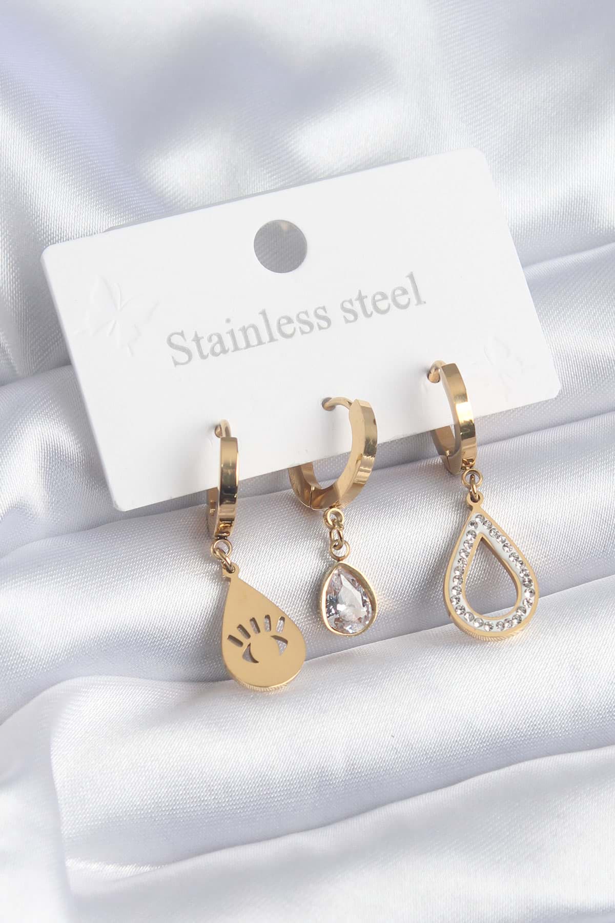 316L Çelik Gold Renk Damla Model Göz İşleme Zirkon Taş Detay Kadın Küpe - TJ-BKP8155 resmi