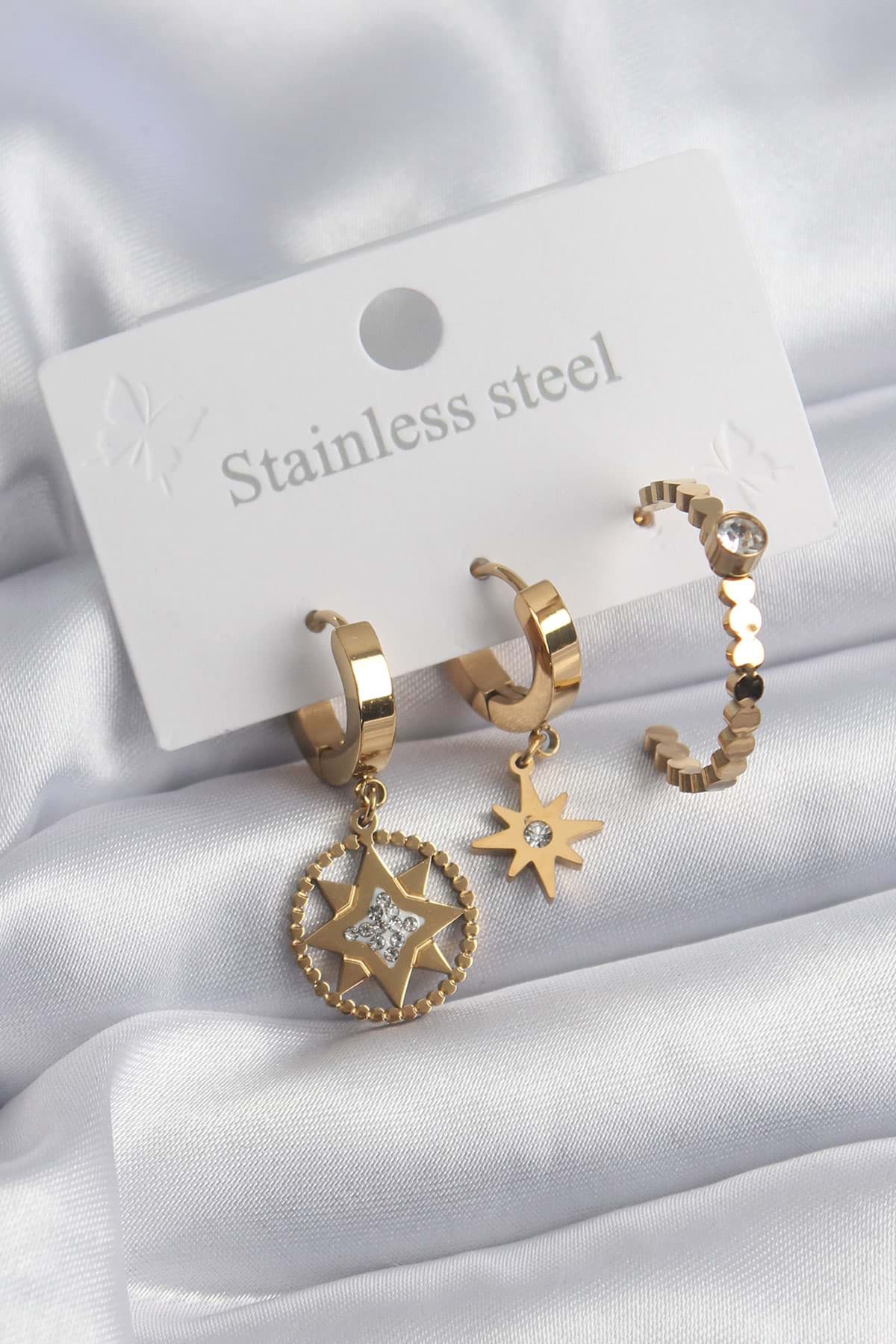 316L Çelik Gold Renk Zirkon Taşlı Kutup Yıldızı Model Kadın Küpe - TJ-BKP8156 resmi