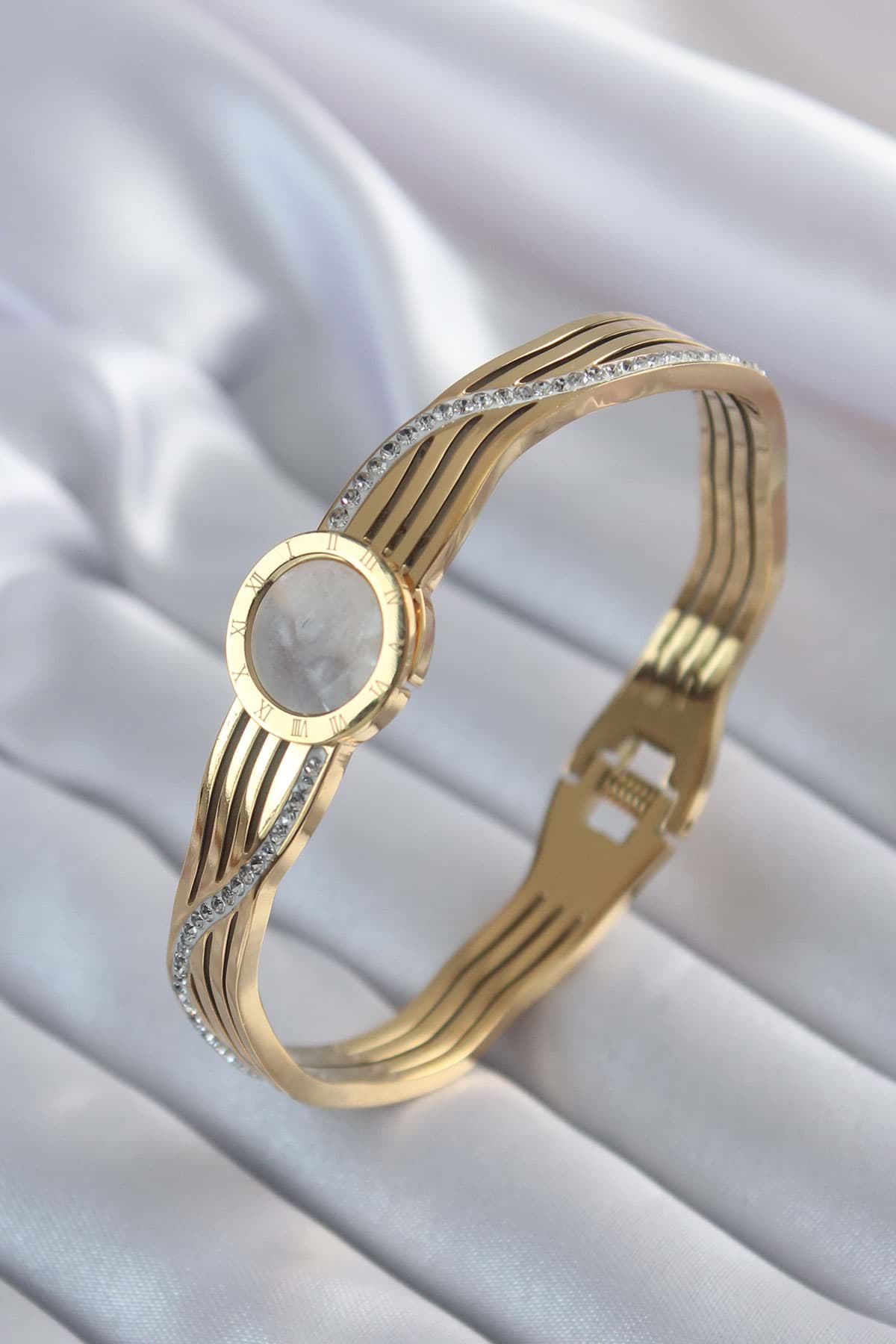 316L Çelik Gold Renk Zirkon Taş İşleme Detay Kadın Kelepçe - TJ-BB5697 resmi