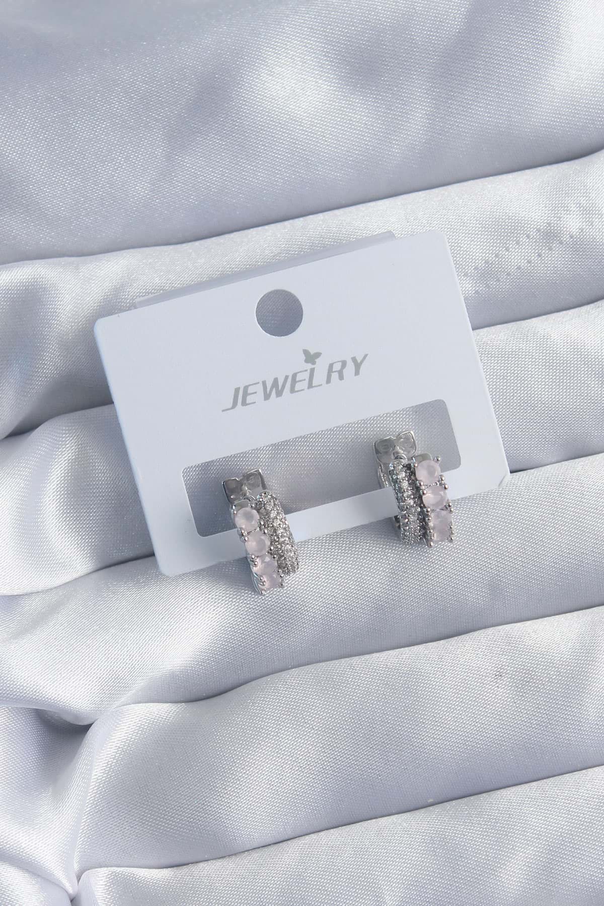 Pirinç Gümüş Renk Zirkon Taşlı Kadın Küpe - TJ-BKP8190 resmi