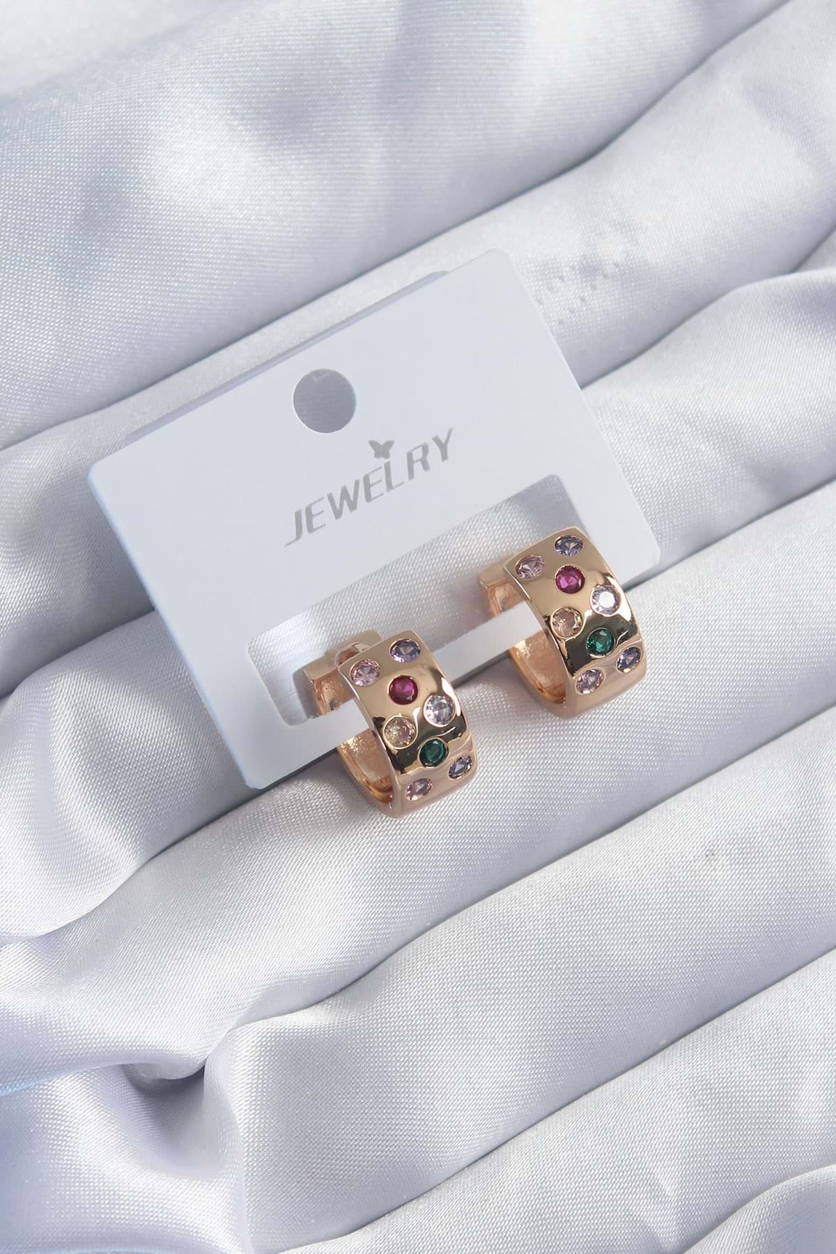 Pirinç Gold Renk Zirkon Taş Detay Halka Model Kadın Küpe - TJ-BKP8195 resmi