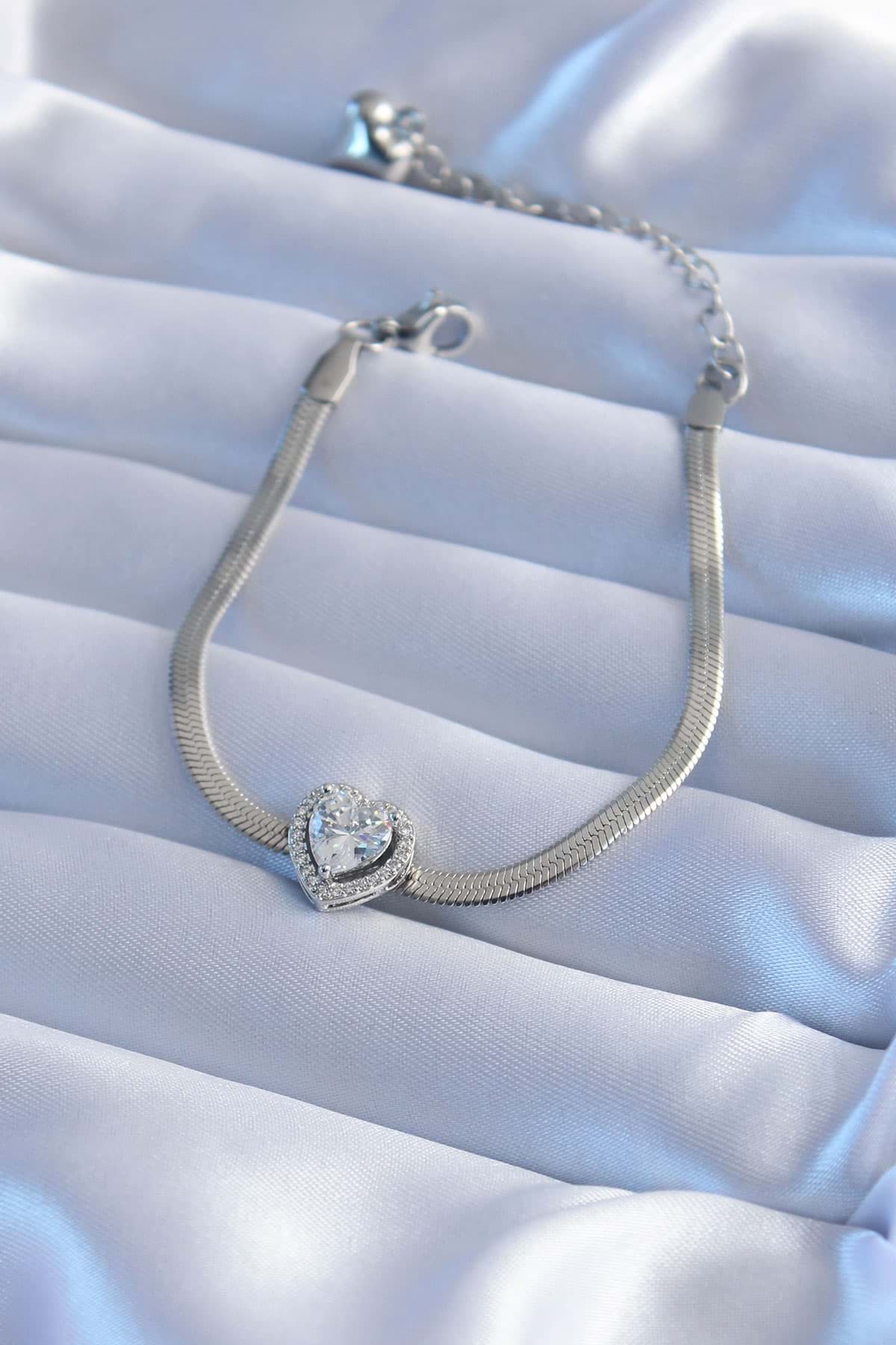 316L Çelik Gümüş Renk İtalyan Zincir Zirkon Taş Kalp Charm Model Kadın Bileklik - TJ-BB5725 resmi