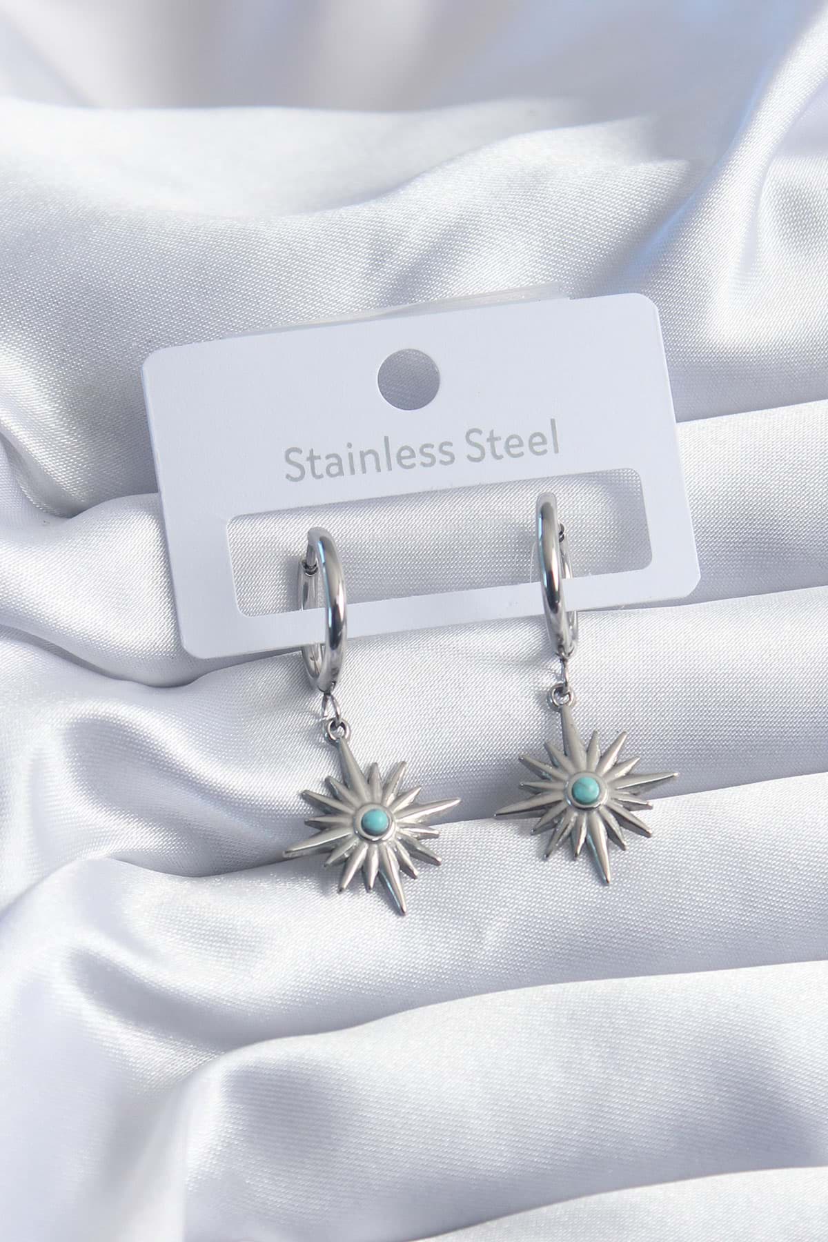 316L Çelik Gümüş Renk Kutup Yıldızı Model Mavi Boncuk Detay Kadın Küpe - TJ-BKP8199 resmi