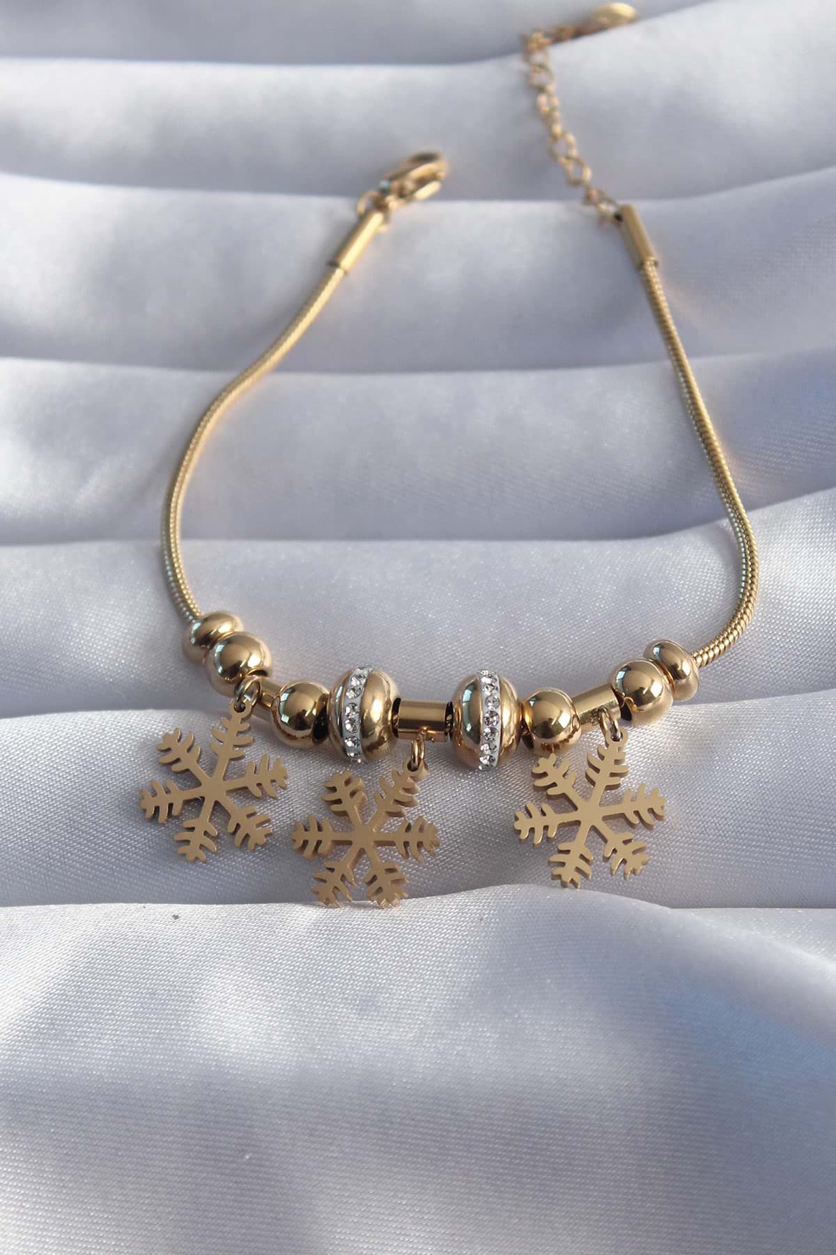 316L Çelik Gold Renk Kare Tanesi Figür Zirkon Taş Detay Kadın Bileklik - TJ-BB5738 resmi