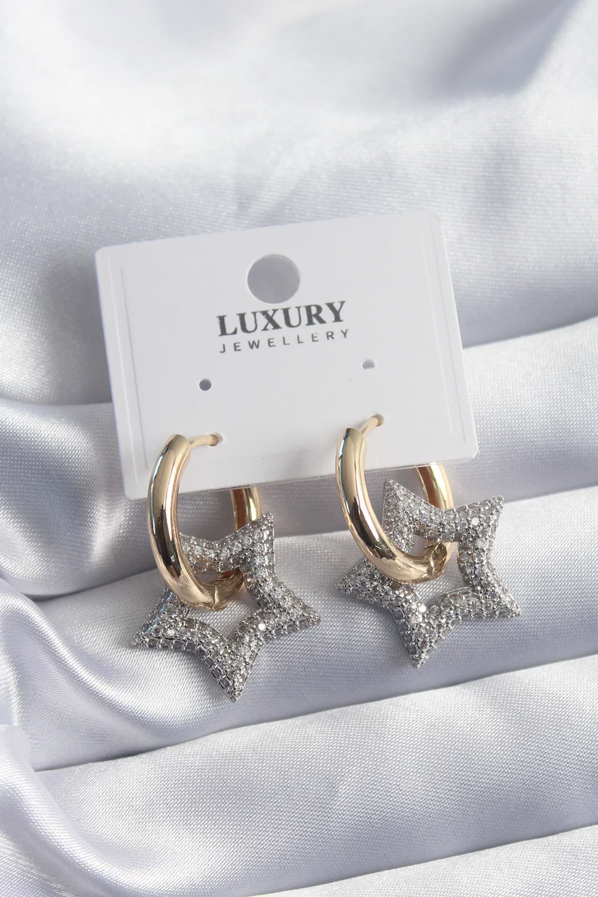 Pirinç Gold Renk Halka Zirkon Taşlı Gümüş Yıldız Model VİP Seri Kadın Küpe - TJ-BKP8228 resmi