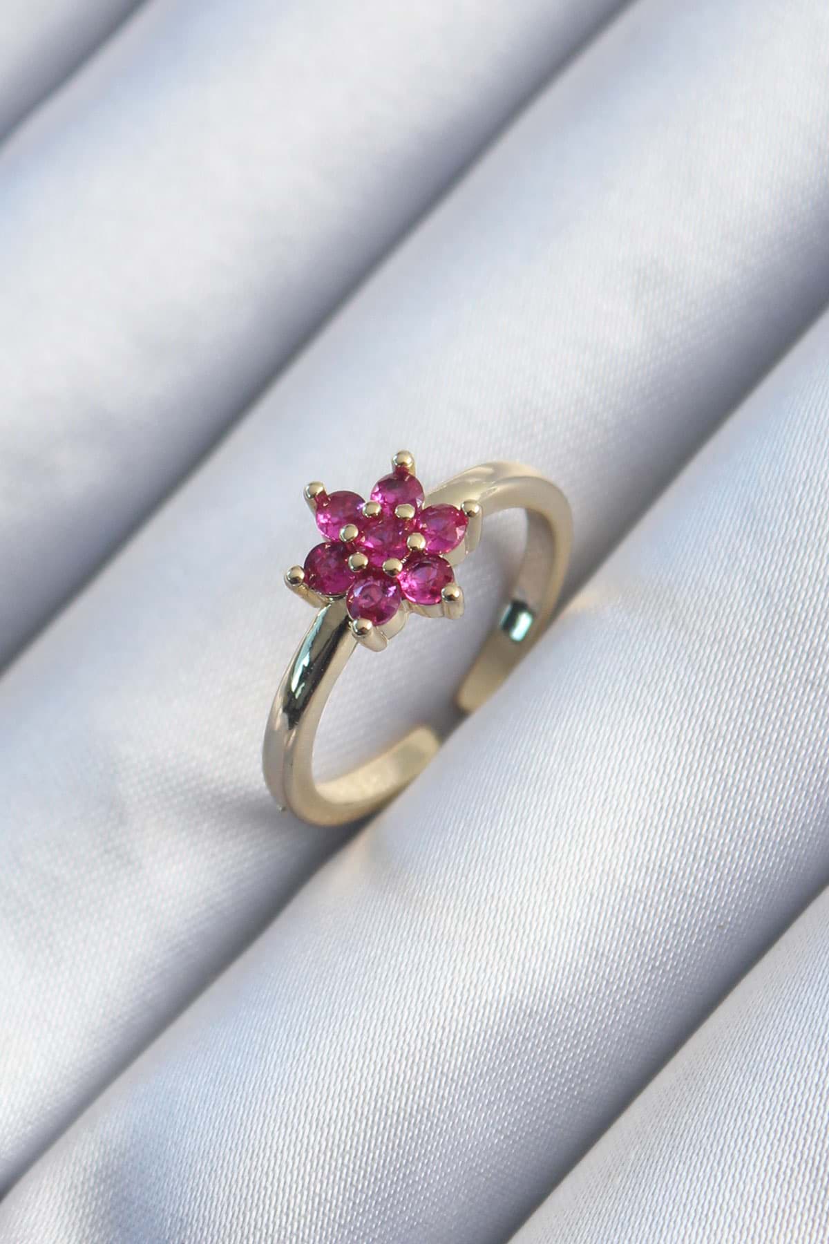 Pirinç Gold Renk Pembe Zirkon Taşlı Lotus Model Kadın Yüzük - TJ-BYK2904 resmi