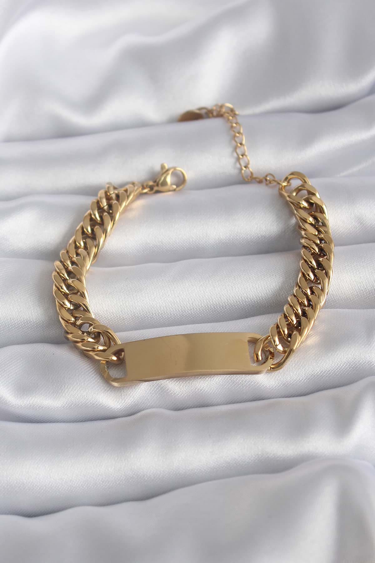 316L Çelik Gold Renk İsim Yazılabilir Plaka Model Kadın Bileklik - TJ-BB5744 resmi