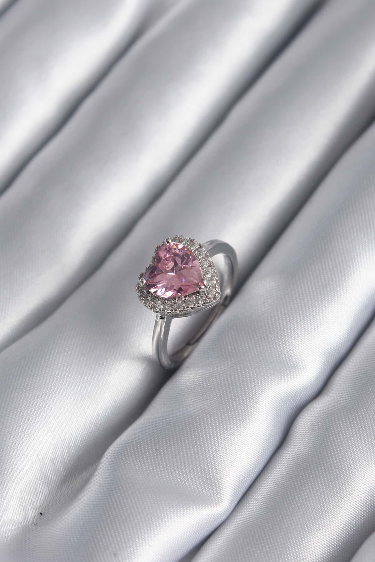Pirinç Gümüş Renk Pembe Zirkon Taş Kalp Charm Model Kadın Yüzük - TJ-BYK2954 resmi
