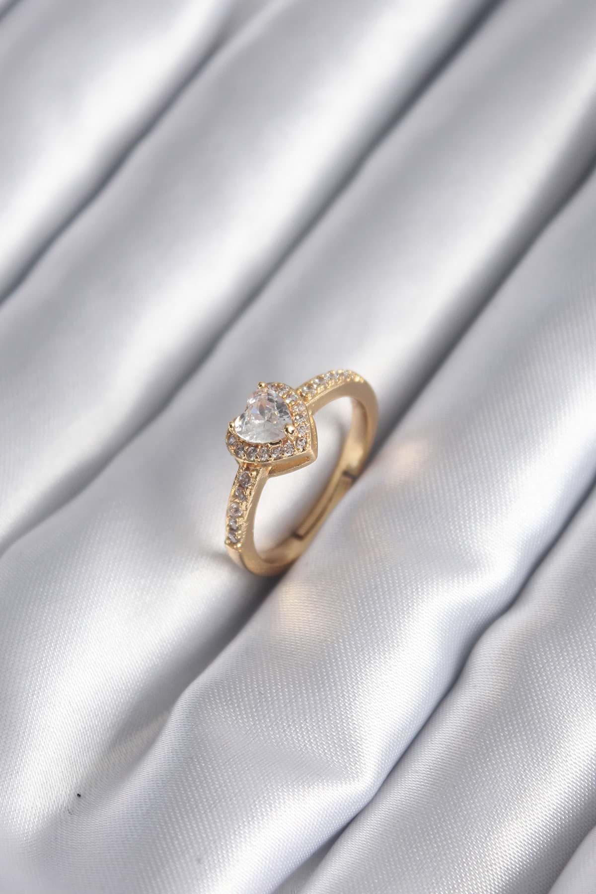 Pirinç Gold Renk Zirkon Taşlı Kalp Charm Model Kadın Yüzük - TJ-BYK2959 resmi