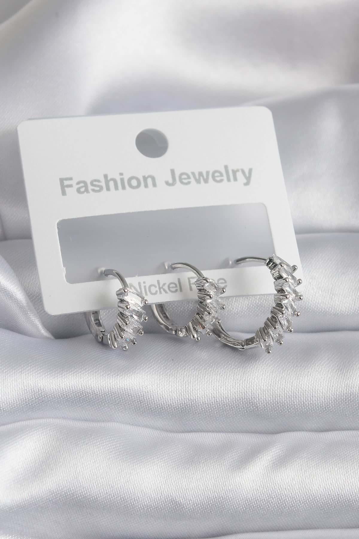 Pirinç Gümüş Renk Zirkon Taşlı Halka Model Kadın Küpe - TJ-BKP8283 resmi