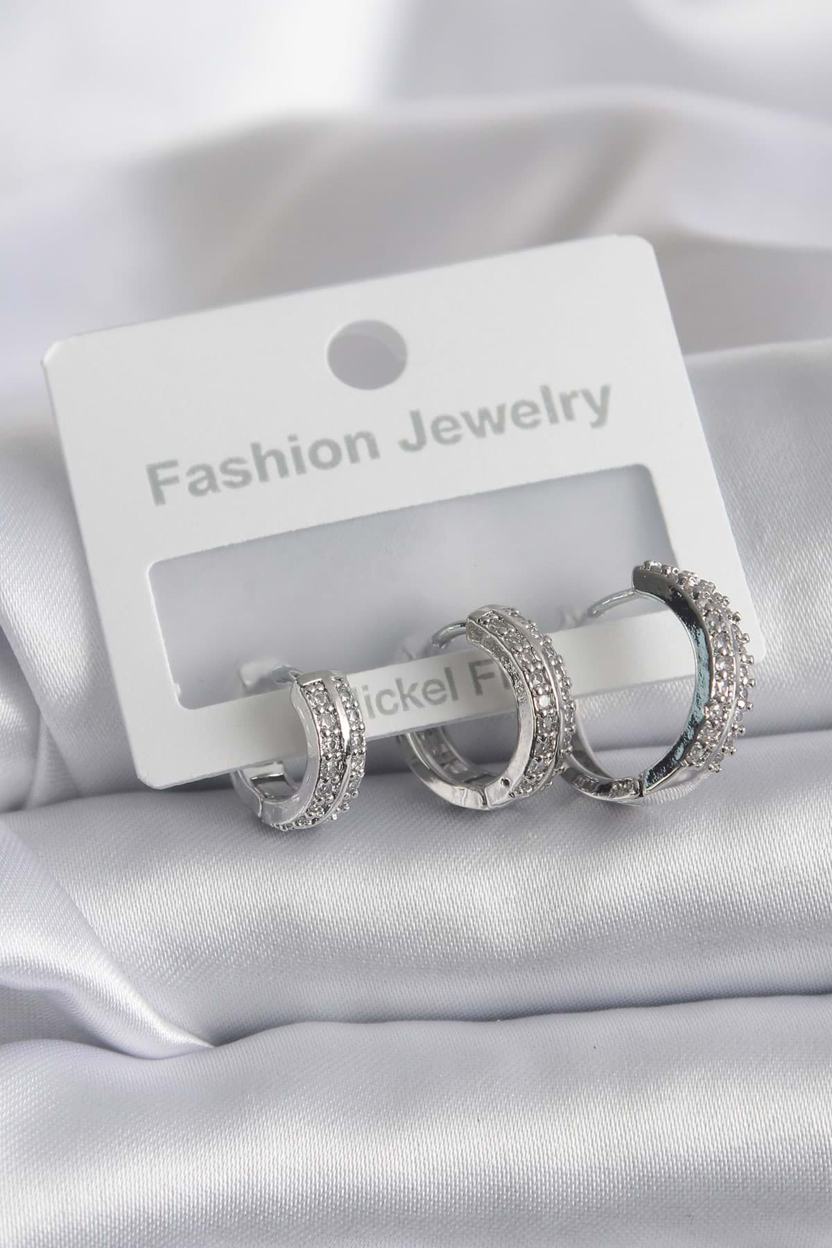 Pirinç Gümüş Renk Zirkon Taş Detay Halka Model Kadın Küpe - TJ-BKP8289 resmi