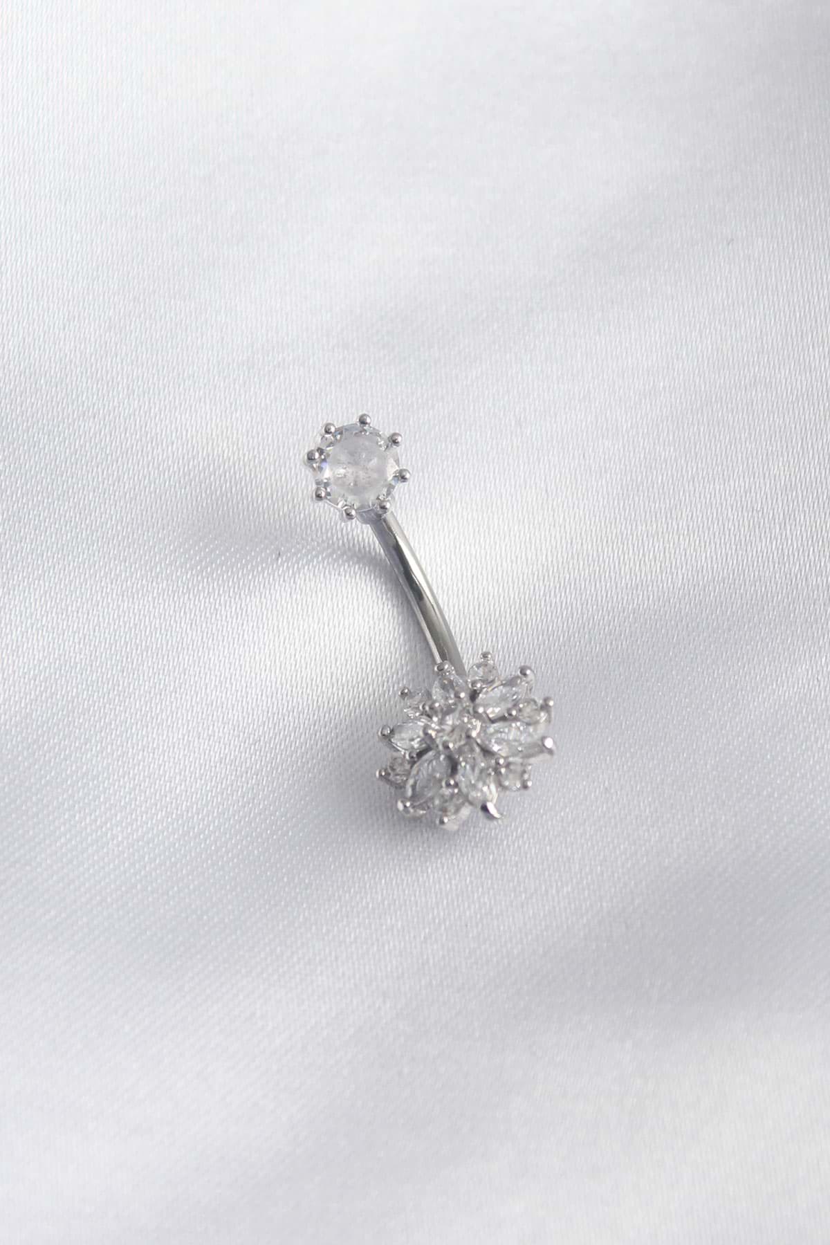 316L Cerrahi Çelik Zirkon Taşlı Çiçek Model Kadın Göbek Piercing - TJ-PR1219 resmi