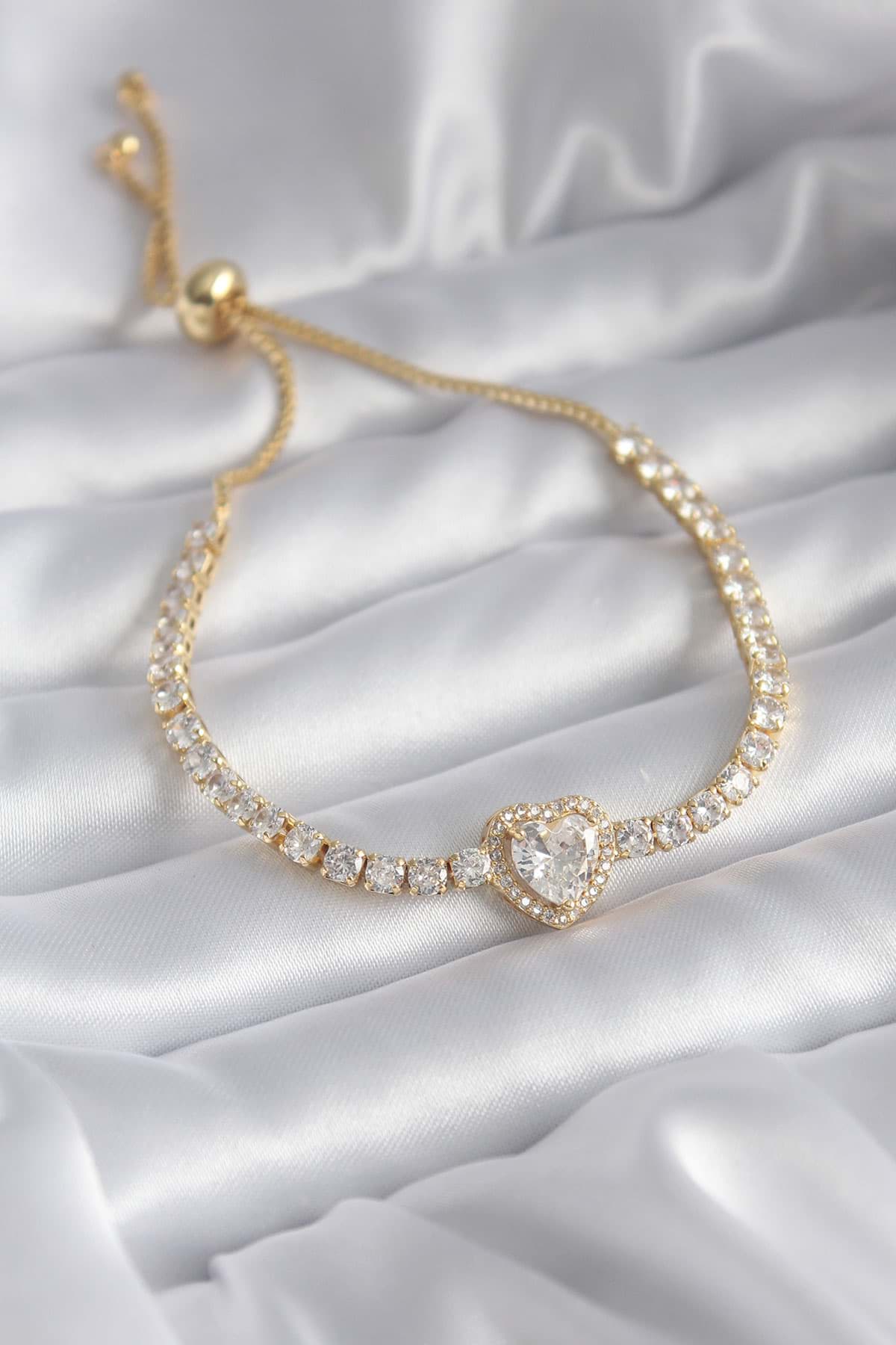 Pirinç Gold Renk Zirkon Taşlı Kalp Asansör Charm Model VIP Seri Kadın Bileklik - TJ-BB5790 resmi