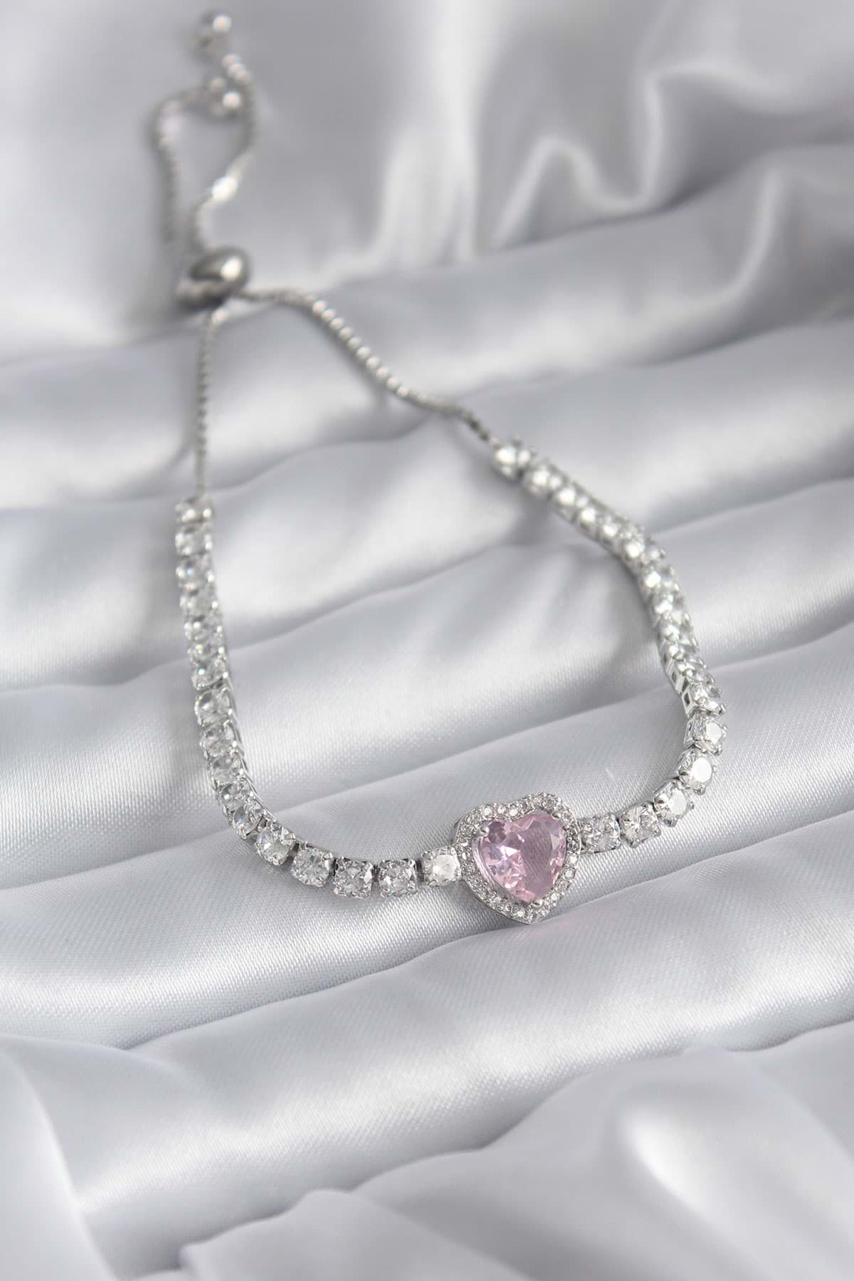 Pirinç Gümüş Renk Pembe Zirkon Taş Kalp Asansörlü Charm Model VIP Seri Kadın Bileklik - TJ-BB5791 resmi