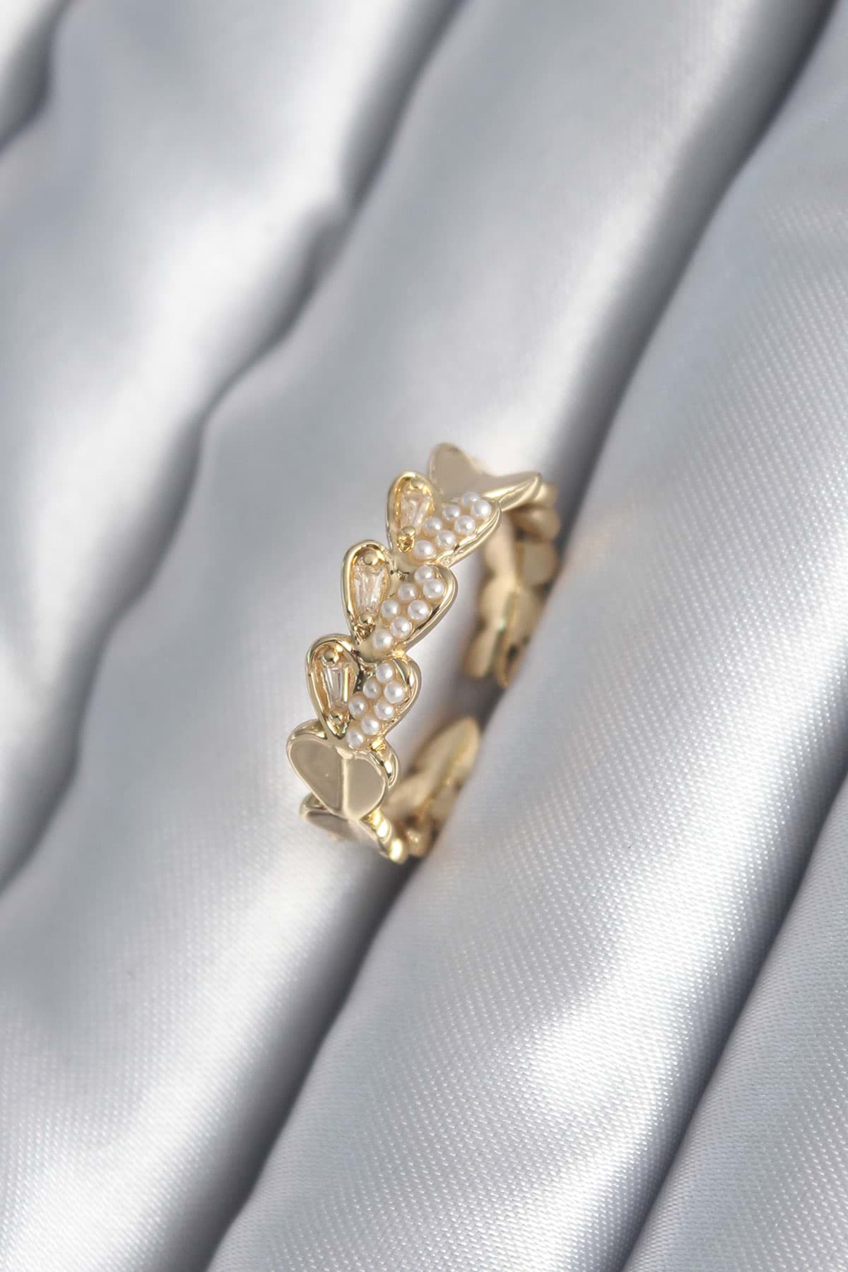 Pirinç Gold Renk Kalp Model İnci Detay Kadın Yüzük - TJ-BYK2981 resmi