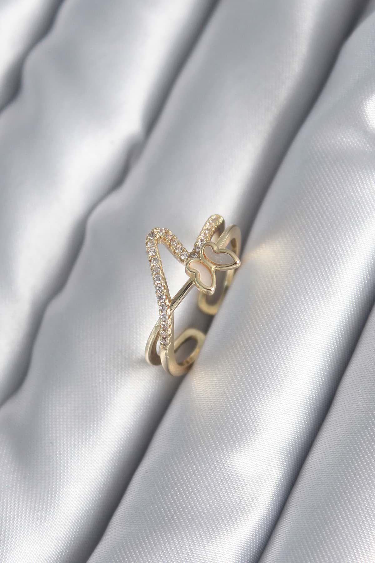 Pirinç Gold Renk Zirkon Taş Detay Kelebek Model Kadın Yüzük - TJ-BYK2985 resmi