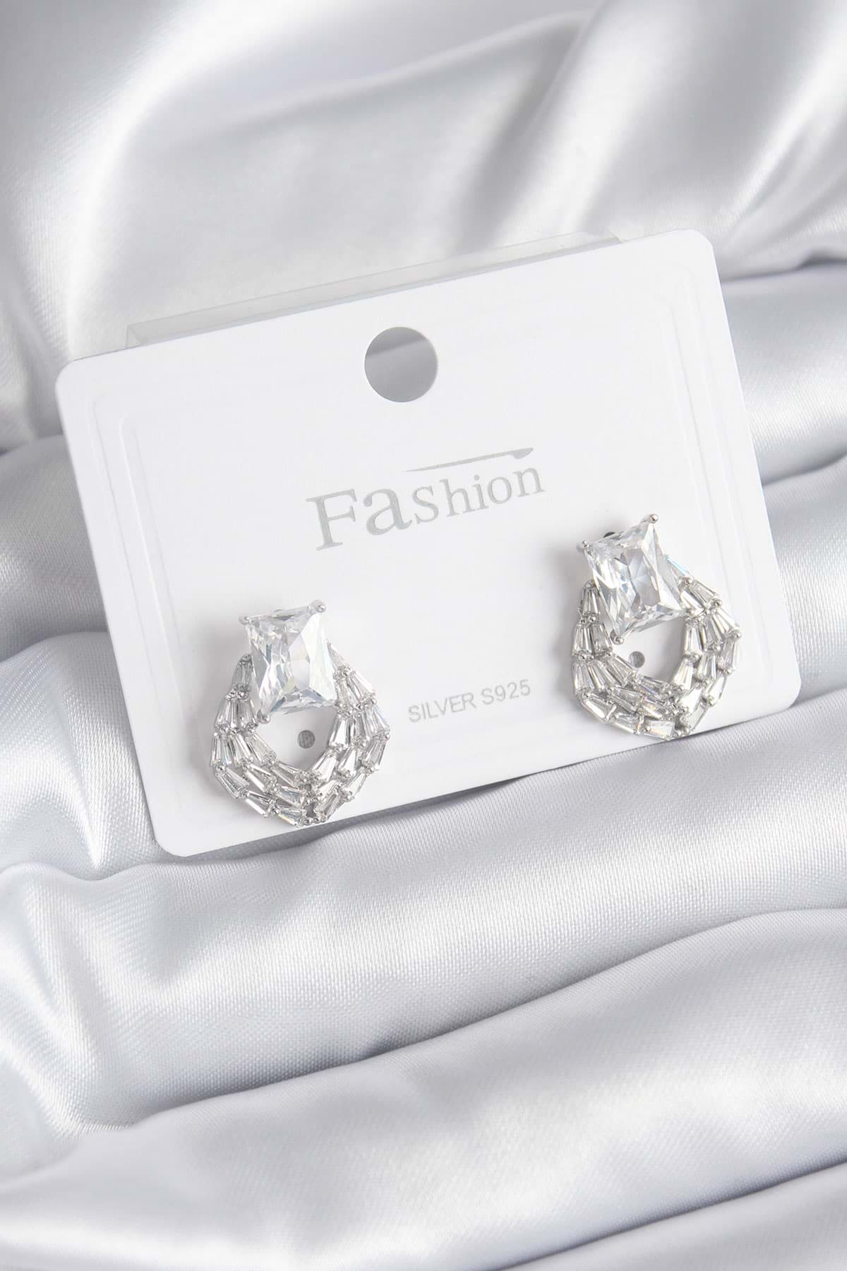 Pirinç Gümüş Renk Zirkon Taşlı Kadın Küpe - TJ-BKP8394 resmi