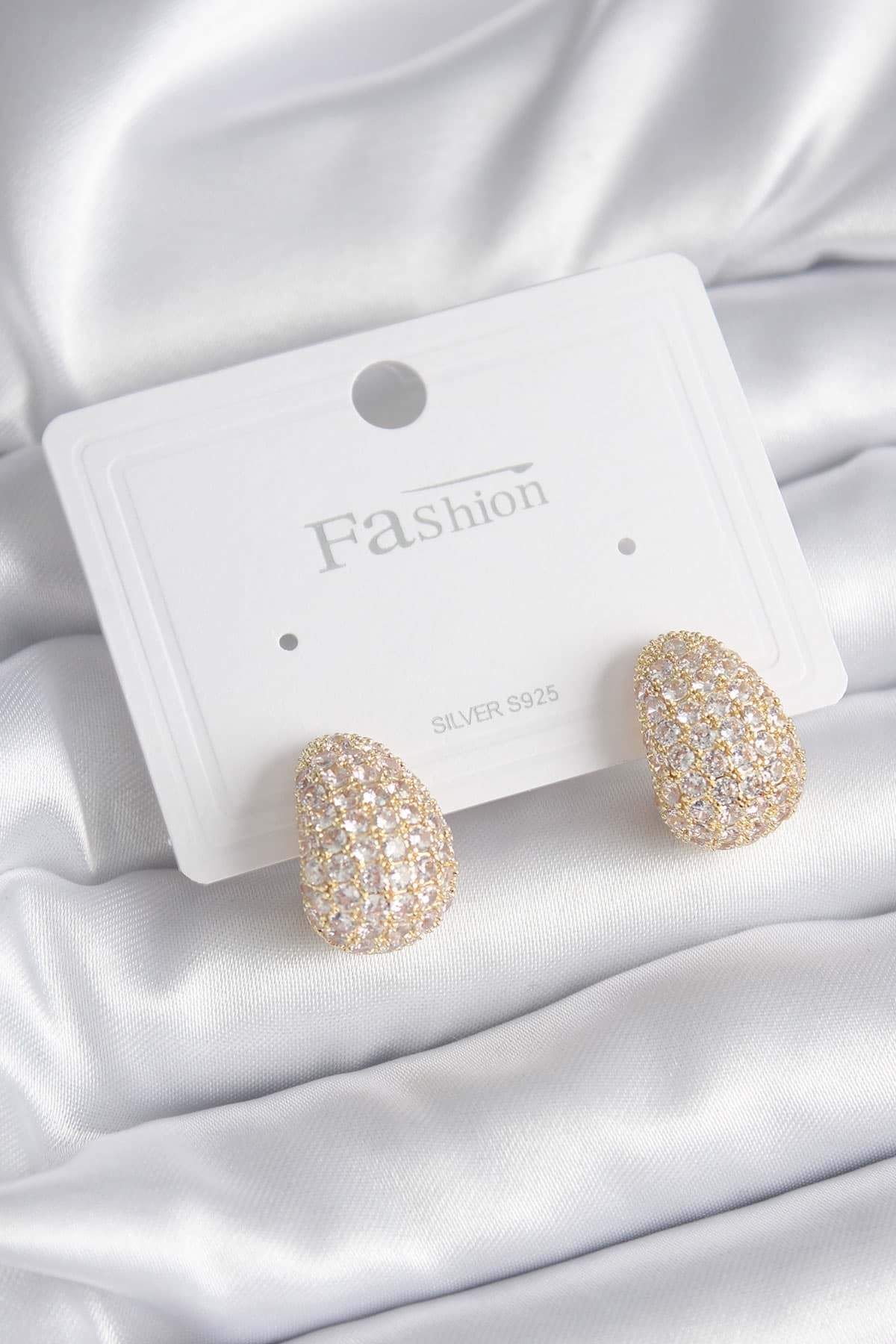 Pirinç Gold Renk Zirkon Taşlı Damla Model Kadın Küpe - TJ-BKP8397 resmi