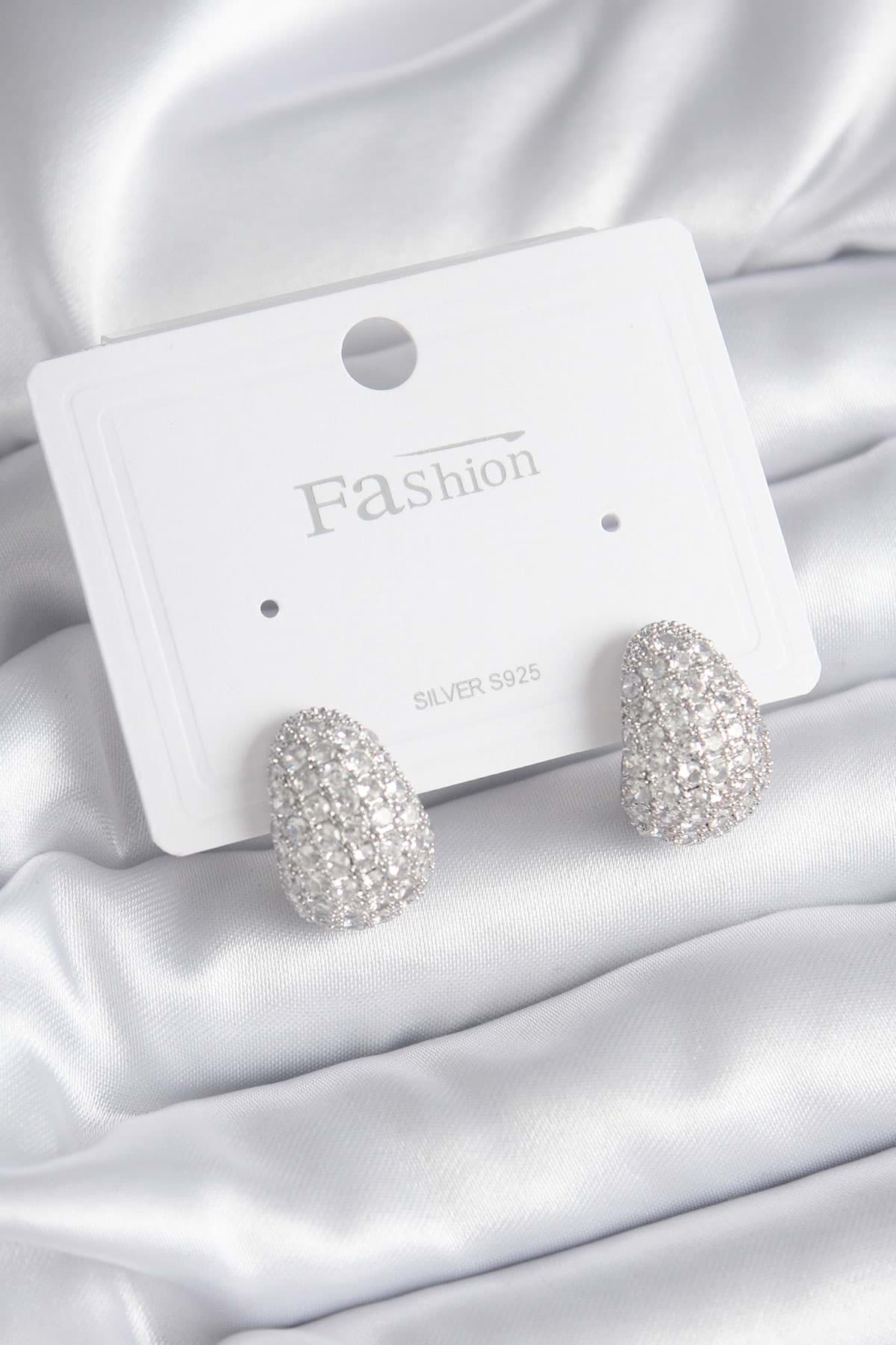 Pirinç Gümüş Renk Zirkon Taşlı Damla Model Kadın Küpe - TJ-BKP8398 resmi